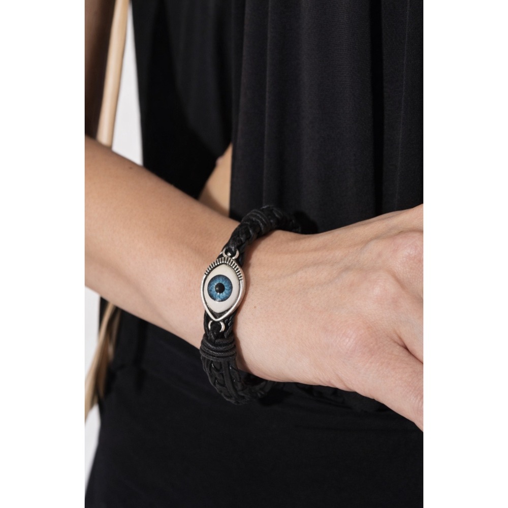 Black Braided‎ Leather Evil Eye Bracelet Blue Charm Silver Tone Clasp 8.25 Inch